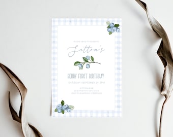 Blueberry Birthday Invitation, Berry Sweet, Berry First Birthday Invite, Blueberry Party, Birthday Invitation, First Birthday, Editable