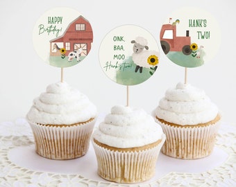 Farm Cupcake Toppers, Barnyard Birthday Decorations, Tractor Cupcake Toppers Digital Template, Farm Animals Cupcake Toppers, Editable