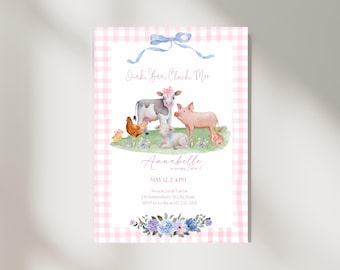 Pink Gingham Farm Birthday Invitation, Oink Baa Moo Birthday Invite, Girl Farm Animals Party, Birthday Invitation, Second Birthday, Editable