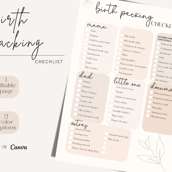 Hospital Bag Checklist | Birth Packing List | Labor and Delivery | Editable Canva Template | Labor Bag Checklist