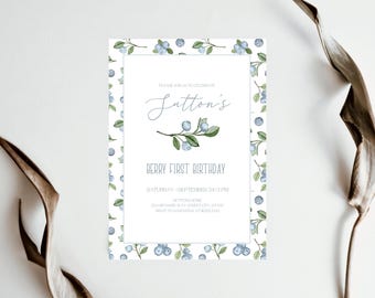 Blueberry Birthday Invitation, Berry Sweet, Berry First Birthday Invite, Blueberry Party, Birthday Invitation, First Birthday, Editable