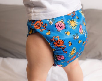 Mr Men Little Miss (Retro) - Wipeable Cloth Nappy/Diaper - Swim Nappy/Day Nappy/Night Nappy/Absorbent Inserts