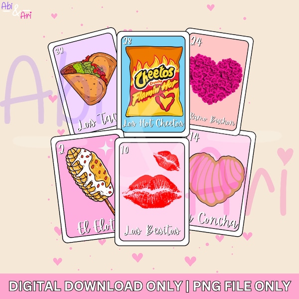 Valentine Loteria Card | Mexican Valentine Shirt | Valentine PNG | Mexican Valentine Digital Download | Concha, Hot Cheetos, Tacos PNG
