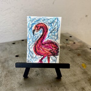 Flamingo ACEO Art – Disegno con pennarello ad alcol e inchiostro nero, Mini cartolina artistica con uccelli tropicali, Illustrazione di fenicottero rosa, Originale fatto a mano