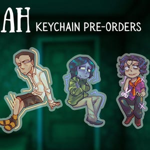 Op de afbeelding: De afbeelding toont de tekst "NINAH KEYCHAIN PRE-ORDERS" boven vijf sleutelhangers met cartoonfiguren. Elk personage heeft een uniek ontwerp en pose, met een neon omtrek. De achtergrond is donkergroen.