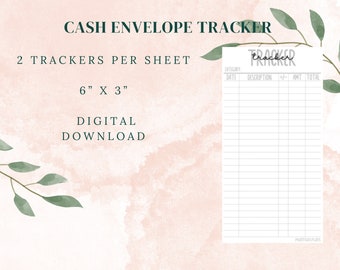 May include: Printable cash envelope tracker with a watercolor background. The tracker is 6 inches by 3 inches and includes categories for date, description, amount, and total. The text "tracker" is written in cursive at the top of the page.