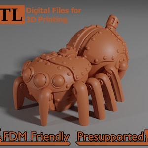 May include: A 3D-printed model of a mechanical spider in a reddish-brown color. The model has a detailed, industrial design with rivets and a cylindrical component on top. The text "STL Digital Files for 3D Printing" is visible.