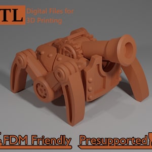以下が含まれることがあります： 車輪の付いたスチームパンク風の砲台の3Dプリントモデル。砲台は金属製で、茶色の仕上げが施されています。砲台は4本の脚が付いた車輪付きの台座に載せられています。砲台は3Dプリント用に設計されており、「STL Digital Files for 3D Printing」とラベル付けされています。