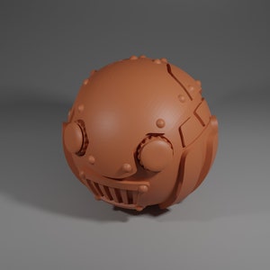 May include: A 3D printed, orange-brown, spherical object with a textured surface and various mechanical details. The object has a round, circular shape with a slightly flattened bottom.
