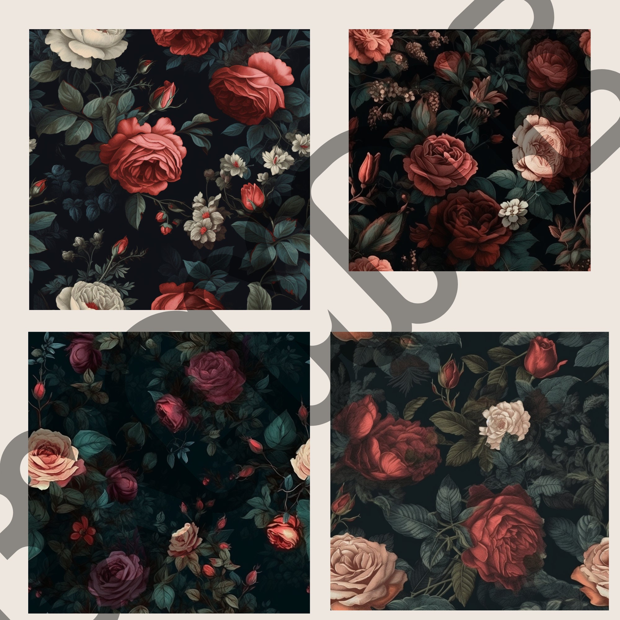 Dark Floral Digital Paper Pack Seamless Dark Flower Backgrounds 36 ...