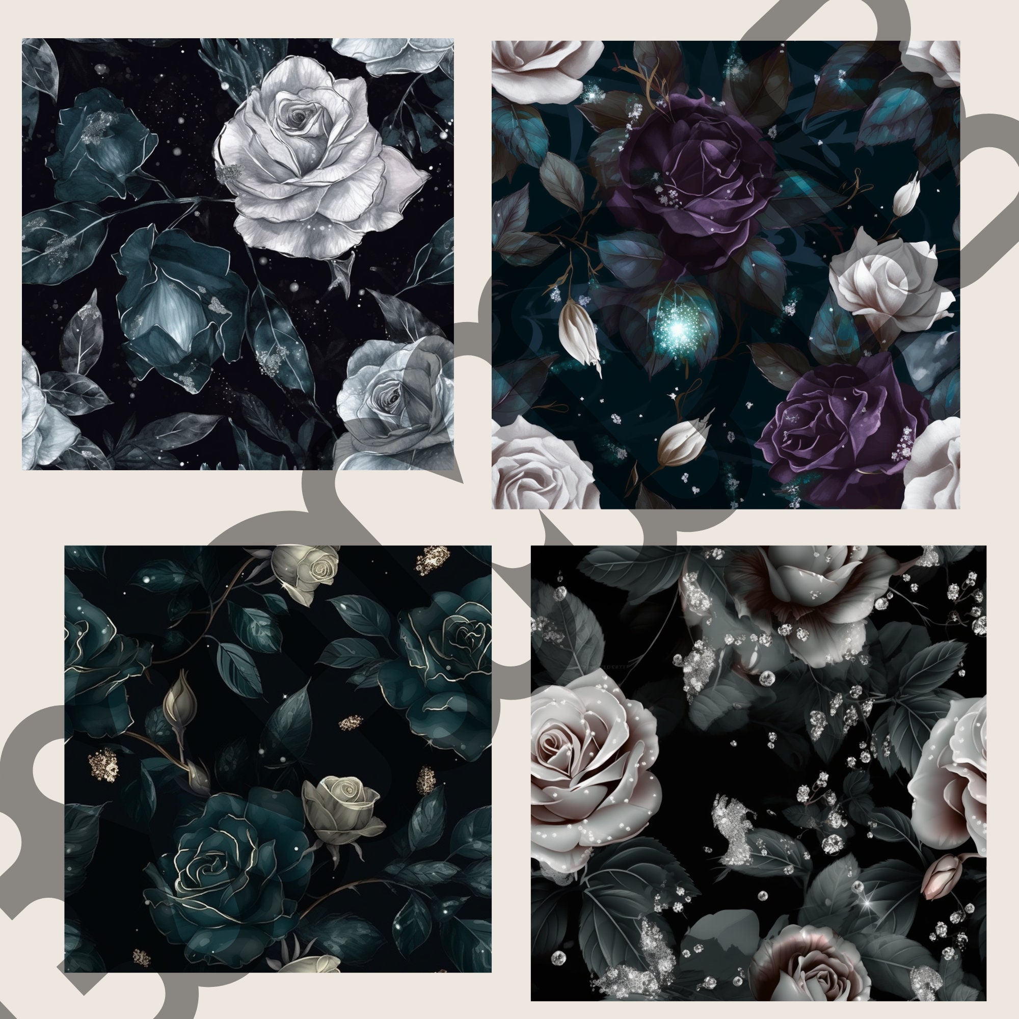 Dark Floral Digital Paper Pack Seamless Dark Flower Backgrounds 36 ...