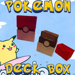 May include: A Pokemon deck box with a red, white, and brown design. The box is open and shows a stack of cards inside. The box is sitting on a blue and white background with a cartoon Pikachu on a surfboard.