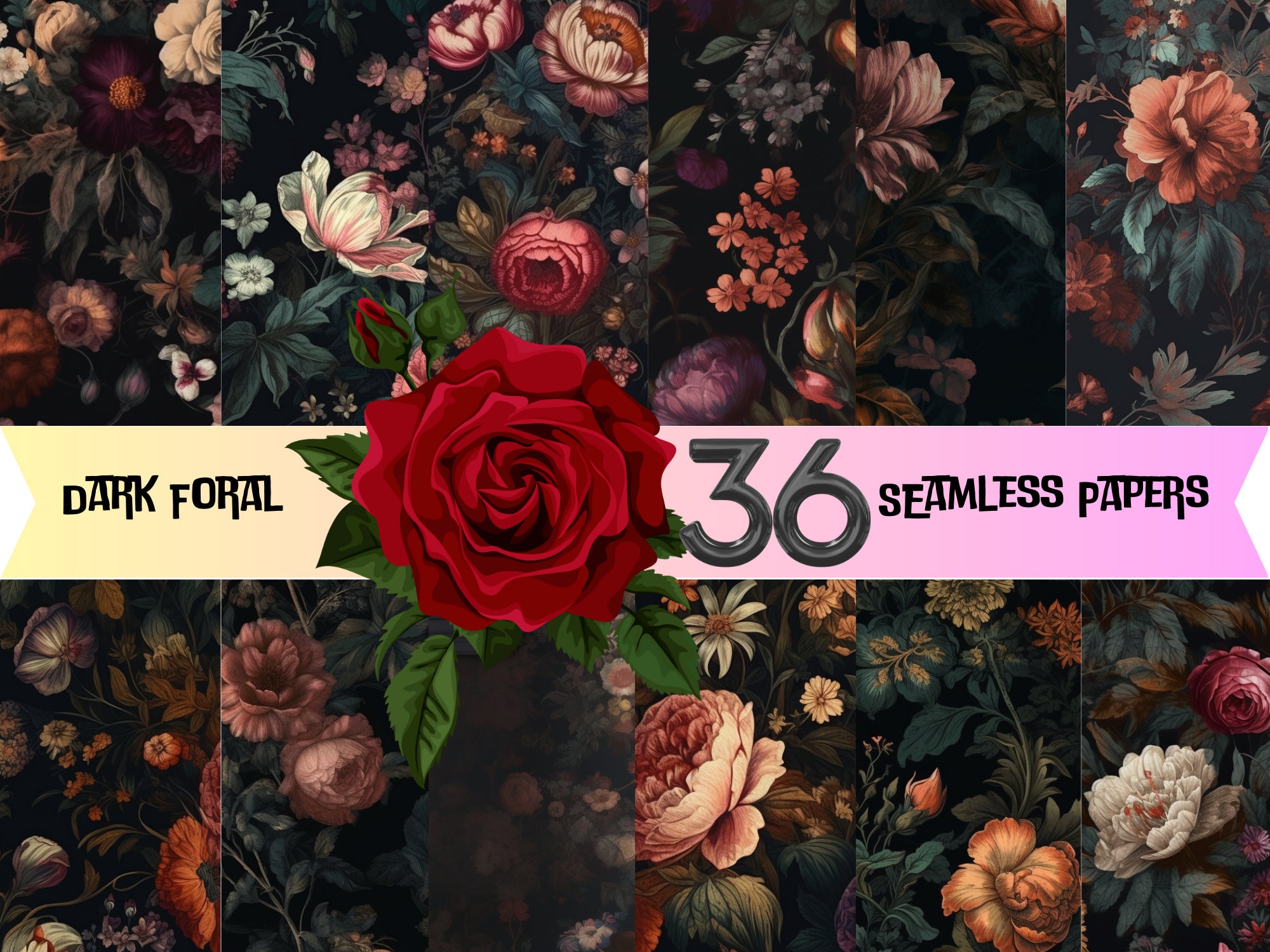 Dark Floral Digital Paper Pack Seamless Dark Flower Backgrounds 36 ...