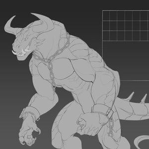 May include: Line art drawing of a monstrous creature with horns, claws, and a spiked tail. The creature is chained at the wrists, ankles, and neck. The drawing is labeled "Customisable Monster Base".