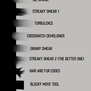 May include: A digital art graphic with a light gray background and black text and smudges. The text includes "CHARCOAL SMUDGE", "OIL SMEAR", "STREAKY SMEAR 1", "TURBULENCE", "CROSSHATCH DEMOLISHER", "GRAINY SMEAR", "STREAKY SMEAR 2 (THE BETTER ONE)", "HAIR AND FUR EDGES", "BLOCKY MOVE TOOL", and "SMOKO".