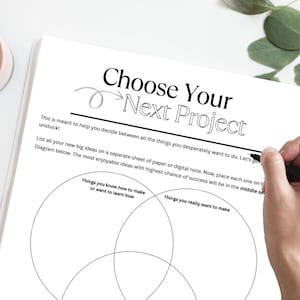 Op de afbeelding: Een printbaar werkblad met drie overlappende cirkels, met de labels "Dingen die je kunt maken of wilt leren", "Dingen die je echt wilt maken" en "Kies je volgende project".