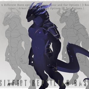 May include: Digital artwork of a reptilian figure in dark blue and gold. The image highlights design choices: 6 horn options, 5 crest/spine/ear options, 3 body types, 4 head options, and 2 tail options. The text at the bottom reads "SIXFOOT REPTILIAN BASE".