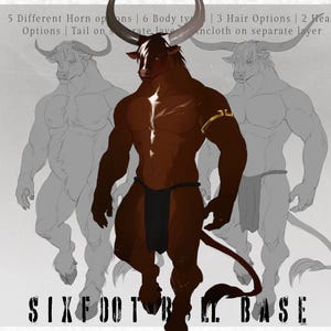 May include: A digital illustration of a brown bull with a black loincloth. The bull has a gold bracelet on its right wrist. The image is a base for a six-foot tall bull character. The text "SIXFOOTBALL BASE" is at the bottom of the image.