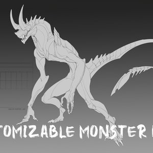 May include: A customizable monster base line drawing in black and white. The monster has a long tail, sharp claws, and a large horn on its head. The drawing is on a gray background.