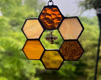 Honeycomb Suncatcher with Bee Charm: Foiled & Soldered, 3x3 inch