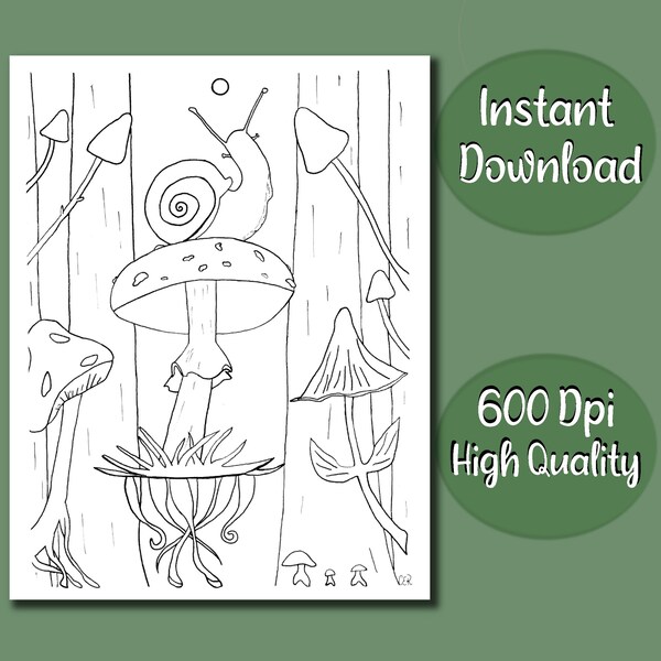 Mushroom & Snail Fantasy Printable Coloring Page