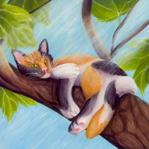 Cat In Tree 8&quot;x 8&quot; Gouache Original Painting