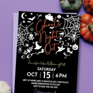 May include: Black and white Halloween party invitation with a spooky theme. The invitation features a ghost, bats, spiders, and other Halloween imagery. The text reads "Ghouls Night Out" and includes the date and time of the event. Costumes encouraged.