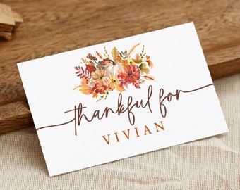 Thanksgiving Floral Fall Thankful For Place Card, Editable Template, Personalize, Friendsgiving Place Card, Leaves Pumpkin, Folded and Flat