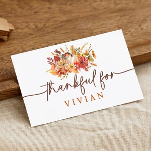 Thanksgiving Floral Fall Thankful For Place Card, Editable Template, Personalize, Friendsgiving Place Card, Leaves Pumpkin, Folded and Flat
