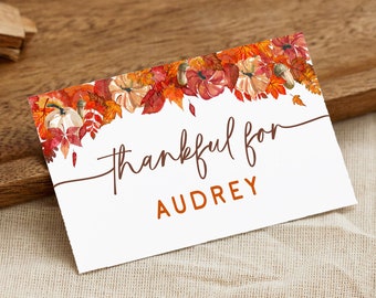 Thanksgiving Harvest Thankful For Place Card, Editable Template, Personalize, Friendsgiving Place Card, Fall Leaves Pumpkin, Folded and Flat
