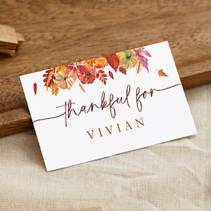 Thanksgiving Thankful For Place Card Template, Editable, Friendsgiving Place Card Fall, Leaves Pumpkin, Instant Download, Folded and Flat