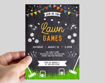 Lawn Games Party Invitation Editable Template, Family Outdoor Backyard Games Invite, Cornhole, Croquet, Bocce Ball, INSTANT DOWNLOAD