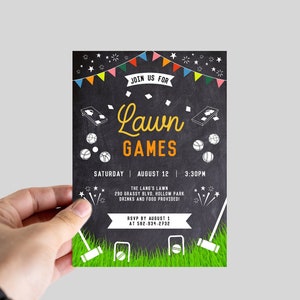 Lawn Games Party Invitation Editable Template, Family Outdoor Backyard Games Invite, Cornhole, Croquet, Bocce Ball, INSTANT DOWNLOAD