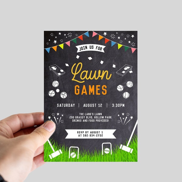 Lawn Games Party Invitation Editable Template, Family Outdoor Backyard Games Invite, Cornhole, Croquet, Bocce Ball, INSTANT DOWNLOAD