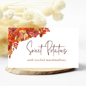 Plantilla editable de tarjeta de buffet de cosecha de Acción de Gracias, tarjetas de buffet, tarjetas de buffet de Friendsgiving, etiquetas de alimentos, buffet de boda de otoño, tarjetas de alimentos