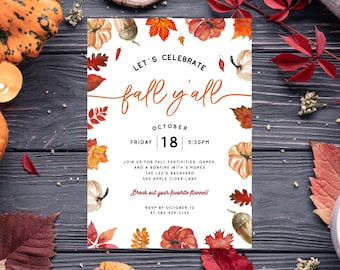 Fall Y&#39;all Party Invitation, Fall Festival Party Invite, Backyard Fall Party, Bonfire Party DIY, Neighborhood Fall Theme, Editable Template