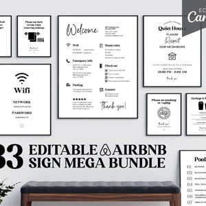 33 Airbnb Signs Bundle Template, Nowoczesne edytowalne znaki, Znak powitalny, Wynajem oznakowania domu, Zasady domu, Wi-Fi, Wymeldowanie, Gospodarz, Instrukcje dla gości