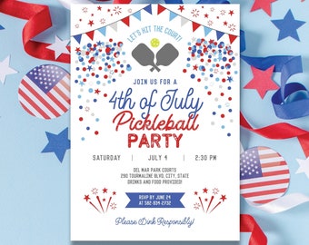 4th of July Pickleball Party Invitation Editable Template,Printable July Fourth Pickleball Tournament Invite,Red White Blue INSTANT DOWNLOAD