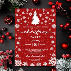 Modern Winter Wonderland Christmas Party Invitation, Editable Template, Holiday Party DIY Invite, Festive, Snowflakes, Snow Fall