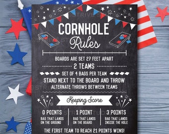 Cornhole Rules Sign Red White Blue Colors, Outdoor Games, Bag Toss Tournament Yard Sign, Cornhole Sign, July 4th, Printable INSTANT DOWNLOAD