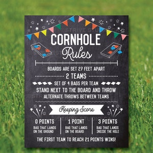 Letrero con las reglas del cornhole, juegos familiares al aire libre, letrero para el jardín del torneo de lanzamiento de bolsas, letrero con puntaje, reglas de la liga de bares, descarga instantánea imprimible