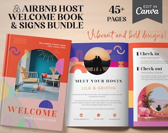 Vibrant Airbnb Welcome Book Signs Bundle, Canva Template | Editable Guest Book | Colorful House Host Manual Guidebook | Vacation Rental Book
