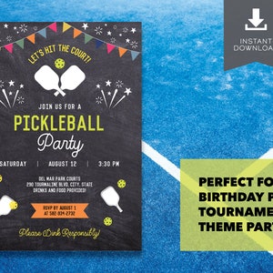 May include: A printable invitation for a pickleball party. The invitation is designed to look like a chalkboard with colorful pennants and stars. The text on the invitation reads "Let's hit the court!" and "Join us for a Pickleball Party". The invitation includes the date, time, and location of the party. It also includes a note that drinks and food will be provided. The invitation is perfect for a birthday party, tournament, or theme party.