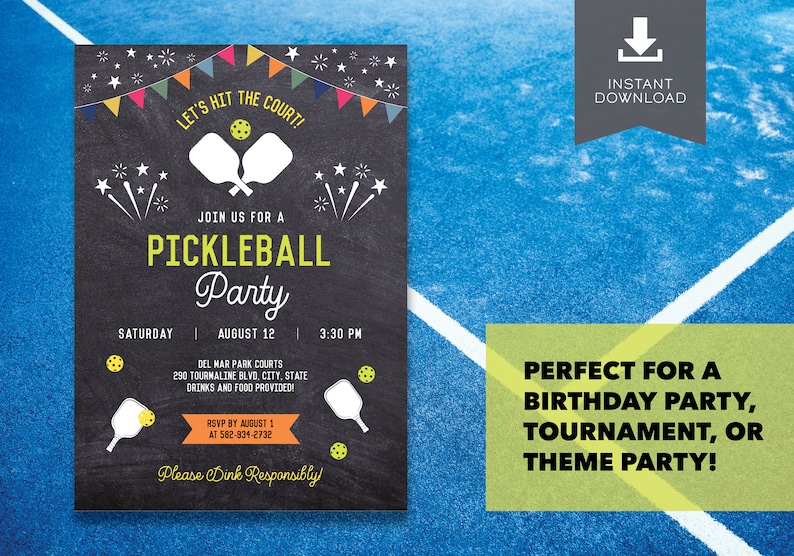 May include: A printable invitation for a pickleball party. The invitation is designed to look like a chalkboard with colorful pennants and stars. The text on the invitation reads "Let's hit the court!" and "Join us for a Pickleball Party". The invitation includes the date, time, and location of the party. It also includes a note that drinks and food will be provided. The invitation is perfect for a birthday party, tournament, or theme party.