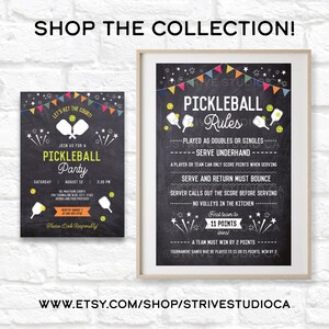 May include: A printable invitation and rules for a pickleball party. The invitation is black with white text and features a pickleball paddle and a firework design. The rules are written on a chalkboard background with white text and a pickleball design.