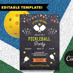 May include: A black and white printable invitation for a pickleball party. The invitation features a chalkboard background with colorful pennants, fireworks, and a pickleball paddle graphic. The text reads "Let's hit the court! Join us for a pickleball party. Saturday, August 12, 3:30 PM. Del Mar Park Courts, 250 Tourmaline Blvd, City, State. Drinks and food provided. RSVP by August 1 at 582-834-2732. Please Drink Responsibly."