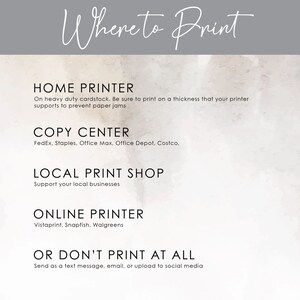 May include: A graphic with the text "Where to Print" and a list of options for printing, including home printer, copy center, local print shop, online printer, and the option to not print at all.