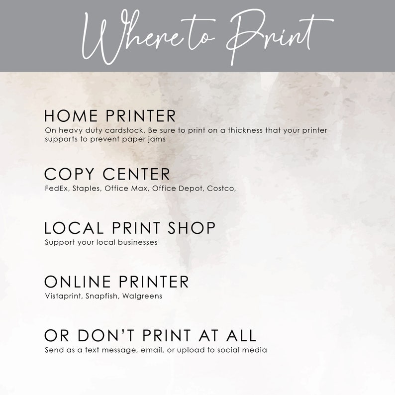 May include: A graphic with the text "Where to Print" and a list of options for printing, including home printer, copy center, local print shop, online printer, and the option to not print at all.