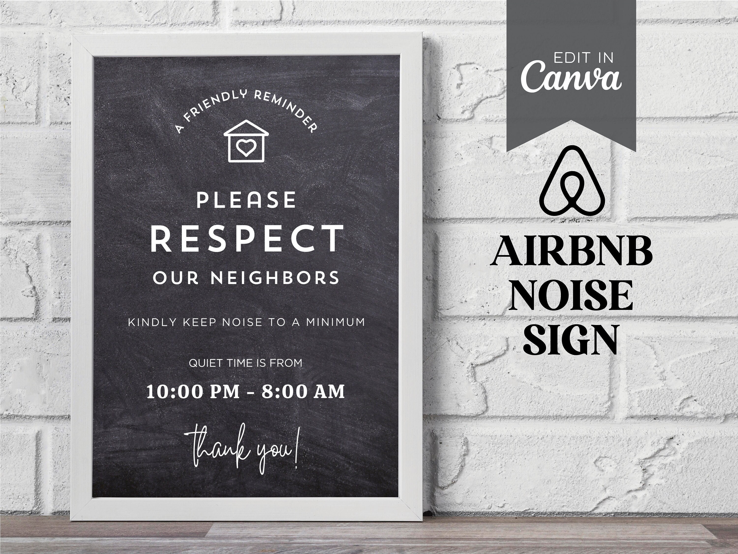 Airbnb No Noise Sign, Editable Canva Template, Quiet Hours, Respect Our