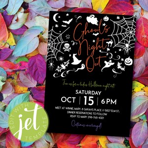 May include: Black and white Halloween party invitation with a spooky theme. The invitation features a ghost, bats, spiders, and a witch's hat. The text reads "Ghouls Night Out" and includes the date and time of the event. Costumes are encouraged.